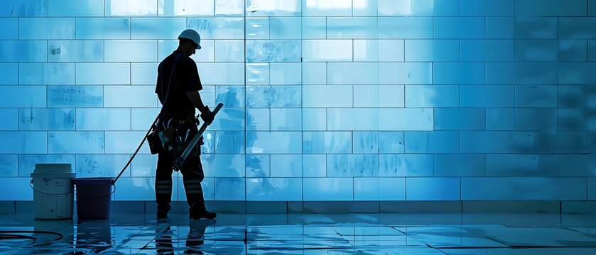 A tile installers silhouette with a midrange view background showcasing photorealistic images of tile work, bathroom and kitchen construction, and decorative finishes