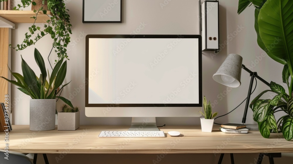 Poster a computer monitor sits on a wooden desk with a potted plant in front of it