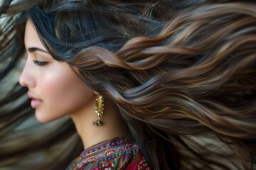 Close up portrait of a young adult woman with luxurious, long, flowing, shiny brunette hair. Her hairstyle reflects beauty, elegance, and feminine allure