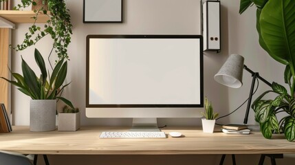 A computer monitor sits on a wooden desk with a potted plant in front of it