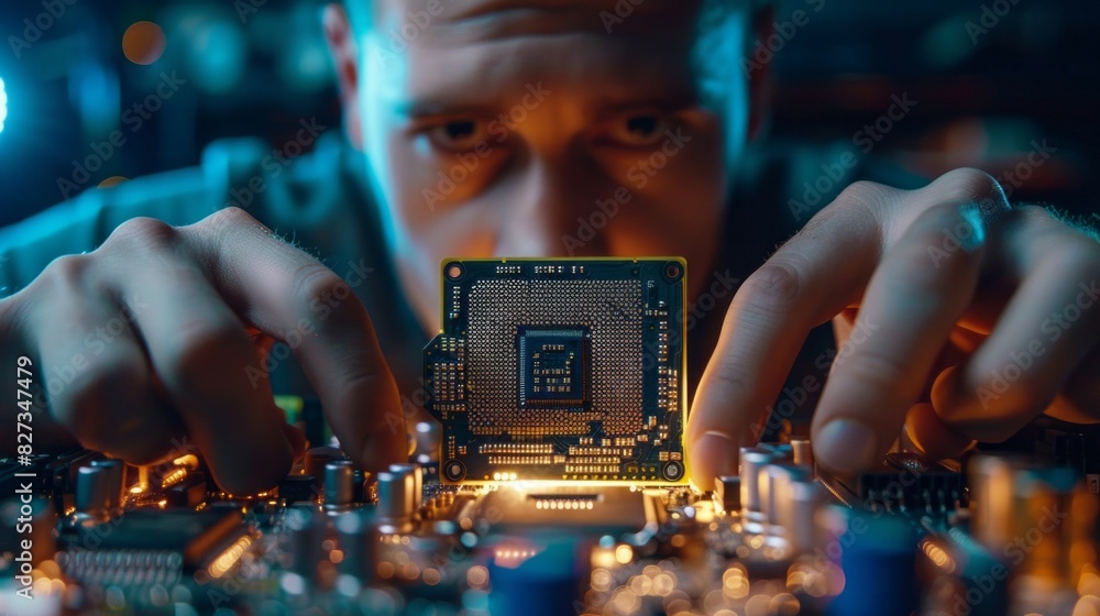 Poster a man is looking at a computer chip