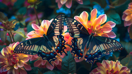 Serene Symmetry: Identical Butterflies on Vibrant Flowers Capturing Nature's Mirroring Beauty