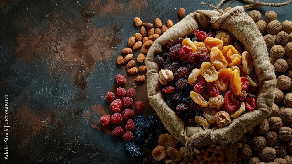 Poster dried fruits and nuts arranged from a top perspective in a sack on the table