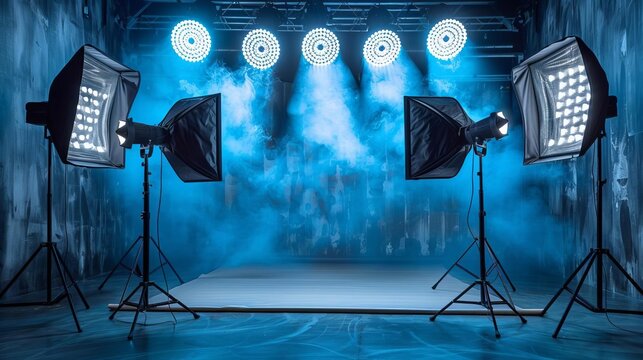 A professional photo studio with blue lighting and a white platform in the center.