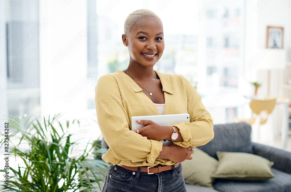 Aufkleber black woman, smile and portrait with tablet for business, website developer with satisfaction in off