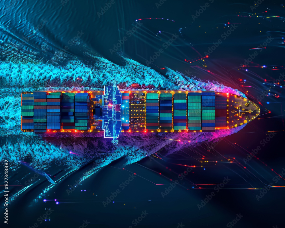 Poster a top-down view of a high-tech cargo ship navigating the ocean, featuring an illuminated digital net
