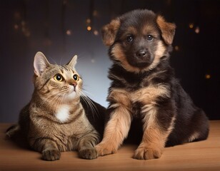 cat and puppy  chihuahua, animal, isolated, group, kitten, sitting, cute