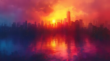 vibrant cityscape at dawn with buildings in soft liquid hues