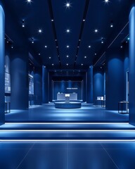 3d expo set design for brand like LT electricals and Automation 3d render Navy Blue and white colors