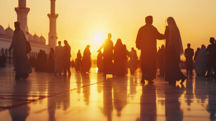 Silhouette of many unrecognizeable people apologizing shaking hands, hugging on Eid day, mosque courtyard, morning, copy space