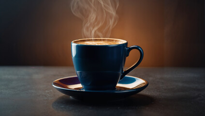 Obraz premium refreshing cup of steaming coffee in blue mug on a saucer in studio background