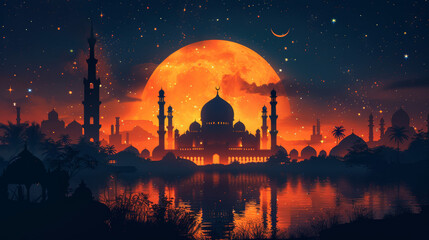 Obraz premium Illustration of an Islamic greeting card for Ramadan Kareem showing a mosque at night 