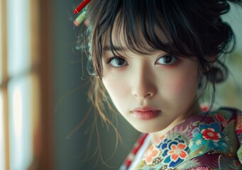 Japanese Woman in Traditional Kimono Looking at Camera