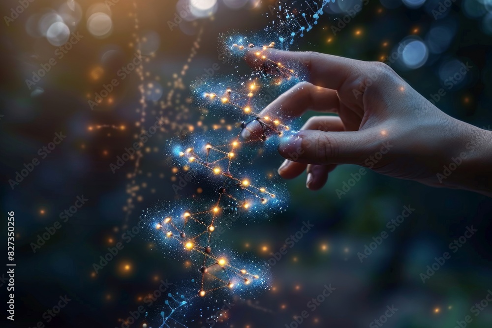 Poster sparkling dna strands in celestial display, connecting cosmic phenomena to genetic codes