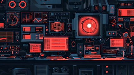 Picture a flat design of a cyber attack being thwarted by a security system