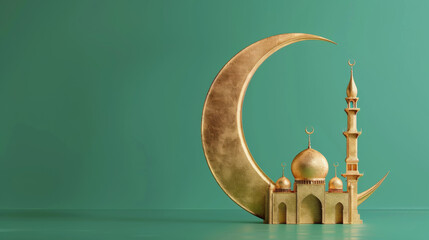 Golden 3D crescent moon with paper silhouette green mosque behind the crescent moon in isolated green background, copy space