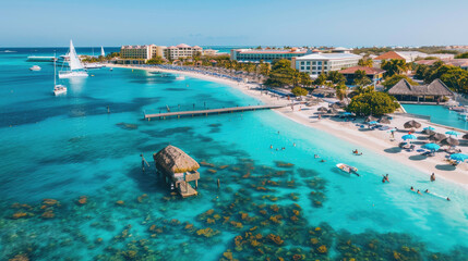 An aerial view of Aruba's famous beach, Ko Beach in Palm Beach, showcasing the white sandy shore and turquoise waters