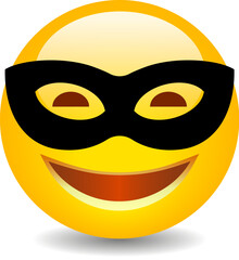 Happy emoji with black anonymous mask, vector cartoon