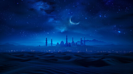 Dark blue monochrome desert night  city , moon and stars in the skyline , islamic decoration style 