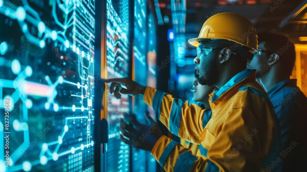 Poster A man in a yellow jacket points at a computer screen with a blue background