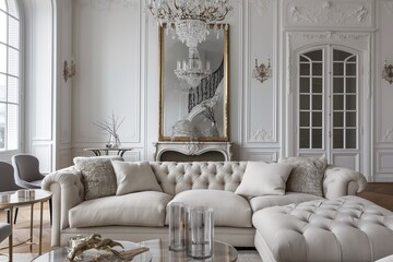 An elegant Parisian-inspired living room with a tufted linen sofa, gilded accents, and a crystal chandelier, capturing the timeless elegance and romance of French haute couture.