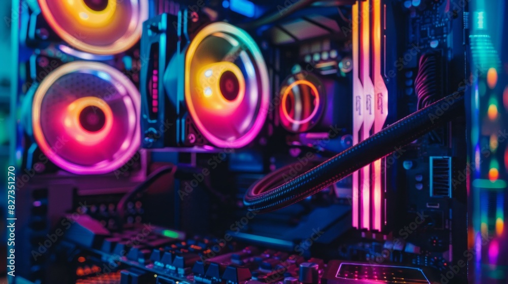 Poster a computer case with neon colored fans and a keyboard