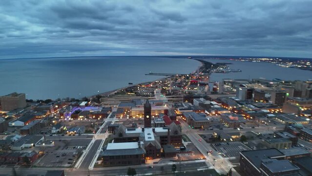 Aerial scene of High School and the nearby buildings at sunset in Duluth city, Minnesota, USA