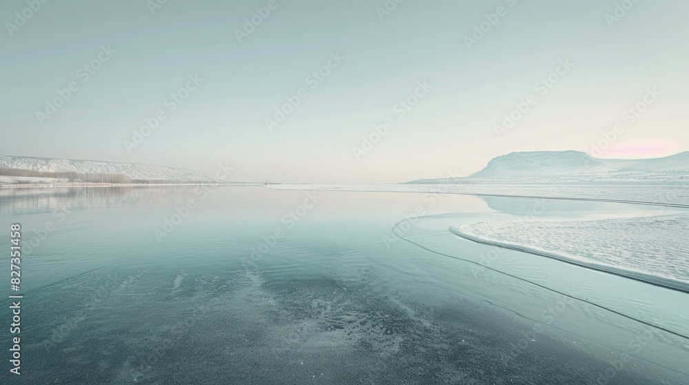 Poster a calm lake with a snowy mountain in the background