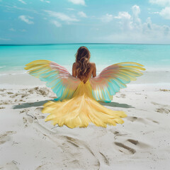 Rear view of woman with colorful pastel color wings sitting at beach and watching beautiful turquoise sea.