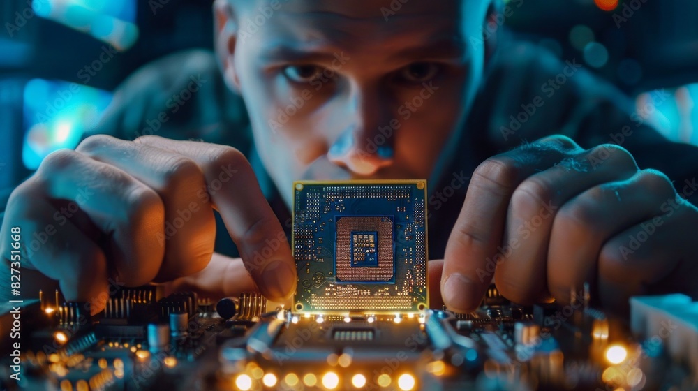 Poster A man is looking at a computer chip. Concept of curiosity and fascination as the man examines the intricate details of the chip