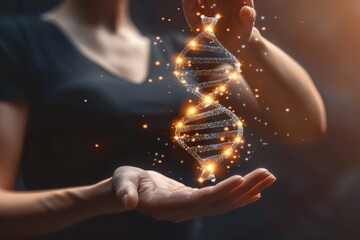 Ornate orange DNA helix held aloft, glowing with an inner light against a dark backdrop, symbolizing life's fiery essence