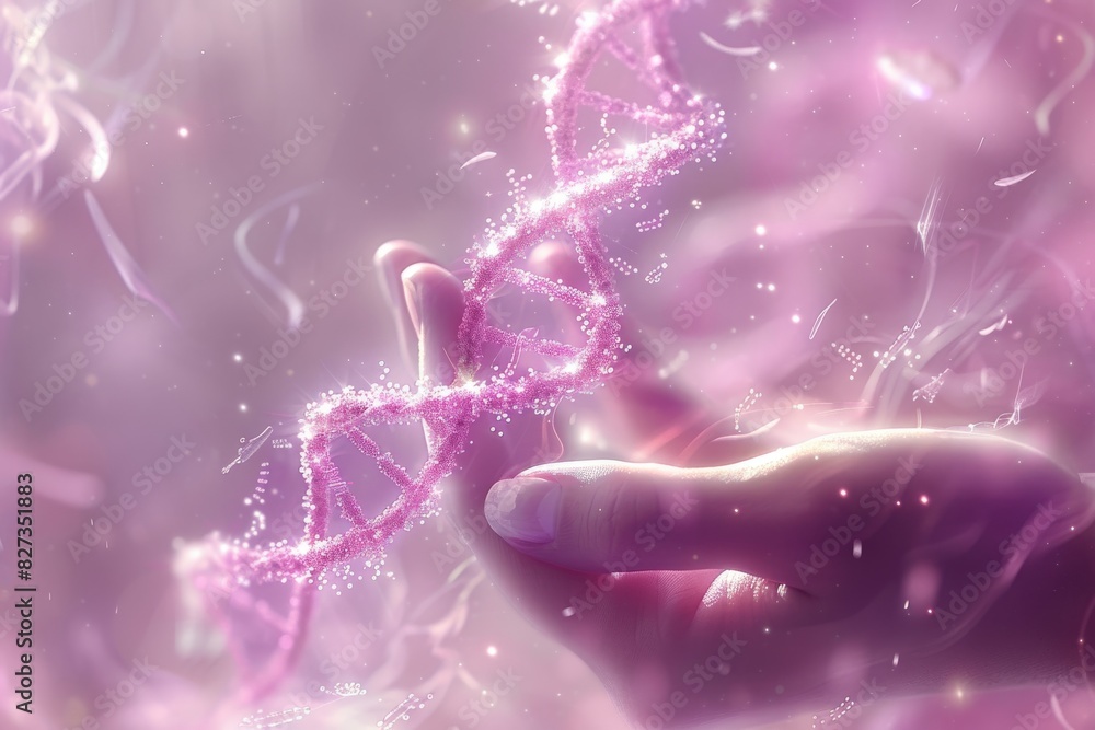 Poster hands gently presenting a floating pink dna structure in a dreamlike haze, emphasizing the delicate 