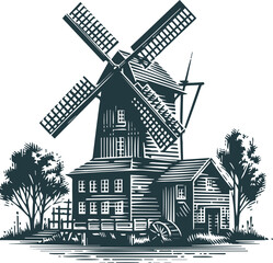 Vector stencil art of a countryside mill