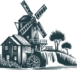 Vintage mill in vector stencil style