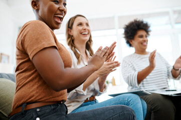 Office, success and business people with applause in meeting for company, growth and motivation....