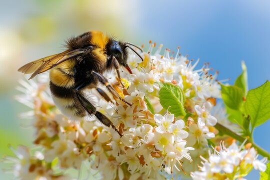 A white flower has a bee resting on it, acting as a pollinator