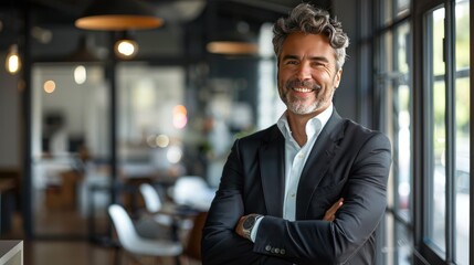Businessperson with crossed arms, smiling confidently in a professional office