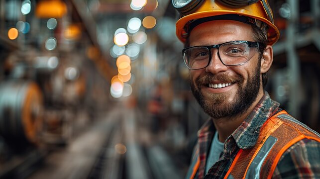 portrait of young professional heavy industry engineer worker wearing safety vest and hardhat smiling on camera in the background unfocused large industrial factory