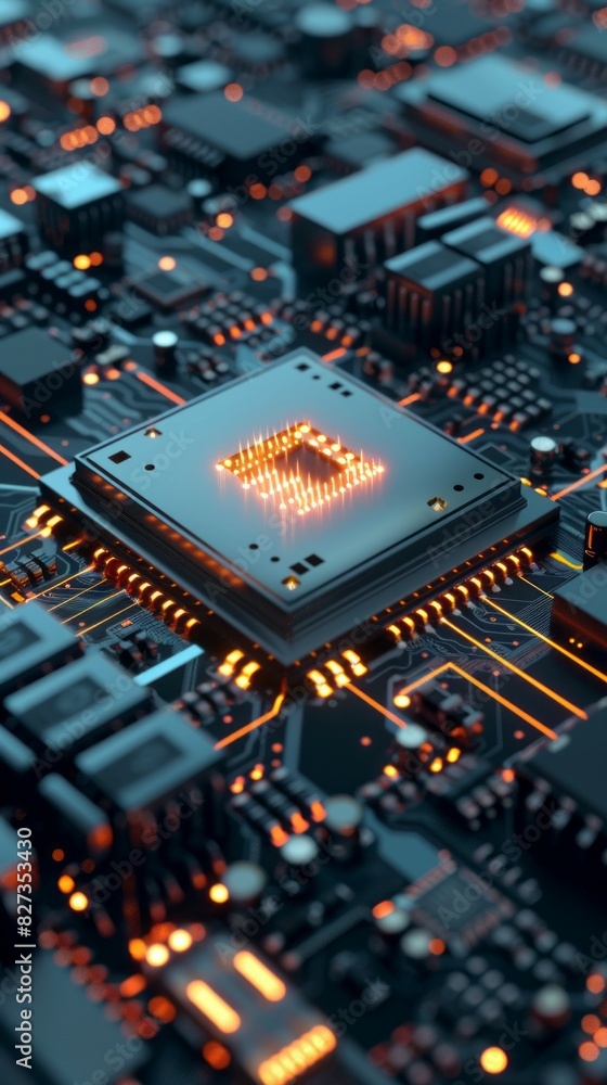 Poster a close up of a computer chip with a bright orange glow