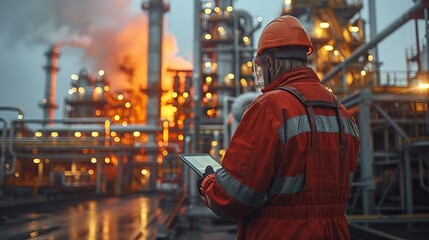 heavy industry engineers stand in pipe manufacturing factory use digital tablet computer have discussion construction of oil gas and fuels transport pipeline back view sparks flying
