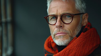 male model with short white and gray hair wearing eyeglasses