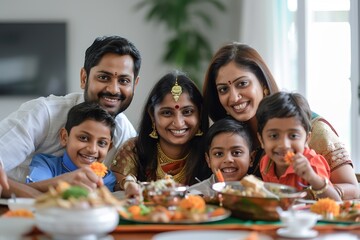 Happy Indian family sharing meal, festive spirit, smiles