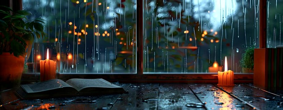 Rain falling on the window, flowing raindrops, candles, the comfortable sound of rain ASMR, books, cozy cafes and study rooms. Seamless looping time-lapse virtual 4k video animation background