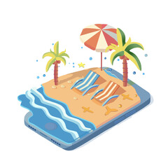 Vacation concept. Mobile phone, beach chairs and umbrella. Palm trees and the ocean. Business, freelance vector isolated