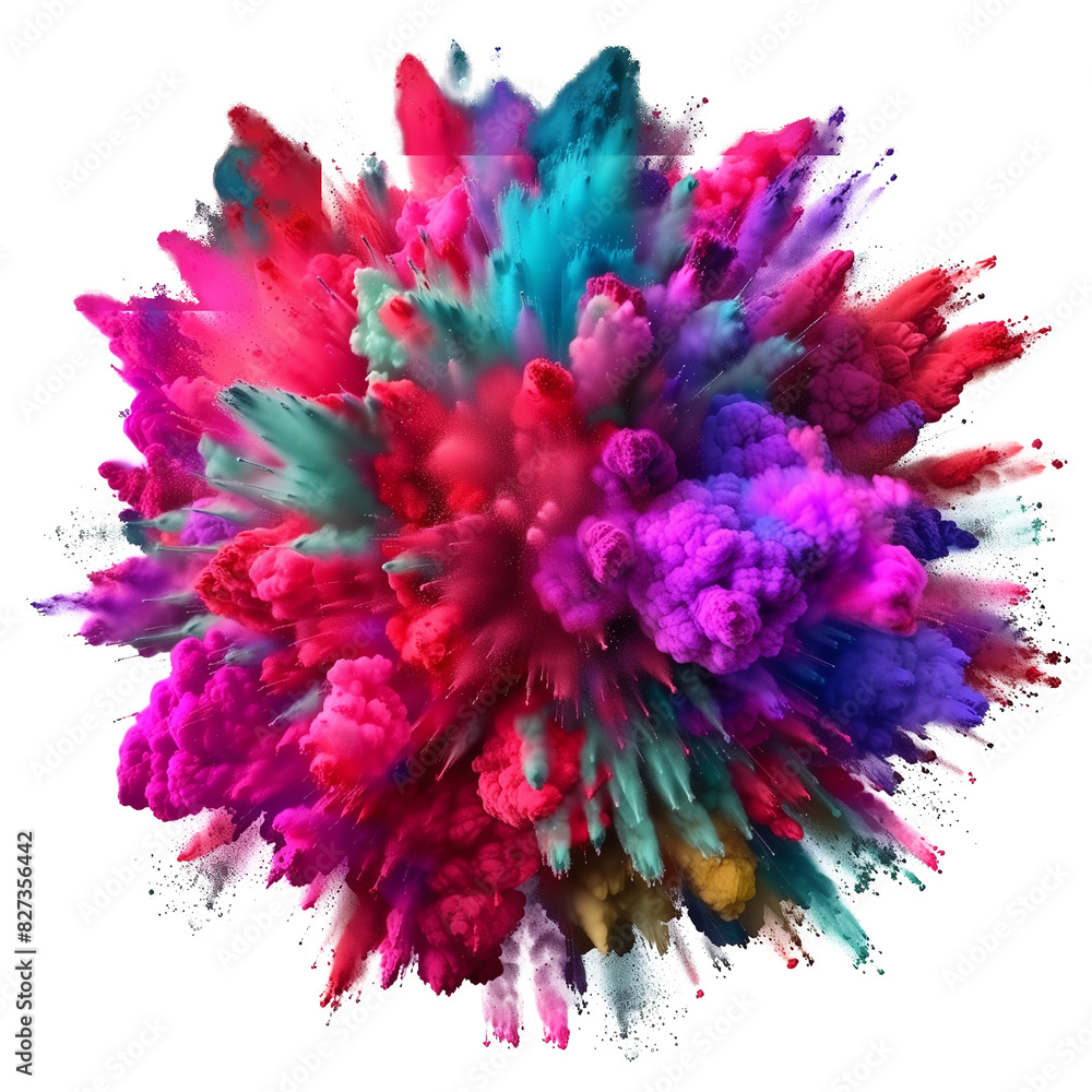 Poster exploding colorful powder effect isolated on transparent background.