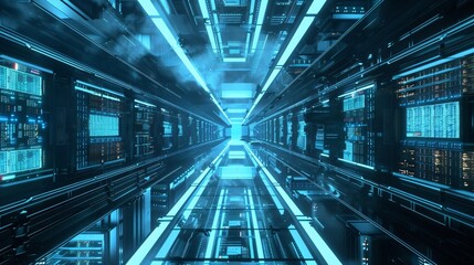 Fototapeta premium High-Tech Data Center Interior with Futuristic Design and Light Effects