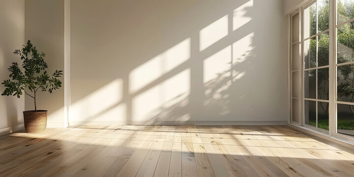 white empty room with shadow window and green plant on white wall luxury background and wooden floor