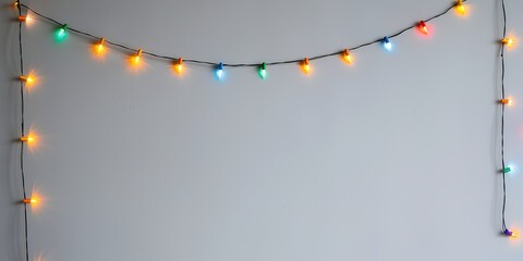 Colorful festive lights strung against plain background, ample c