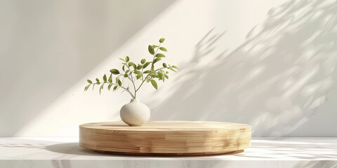 natural wood podium table, empty wooden podium on white wall background with shadow leaves, Empty or blank minimal wooden table counter, for product presentation
