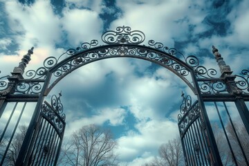 Elegant wroughtiron gate with intricate design, silhouetted against a striking cloudy blue sky